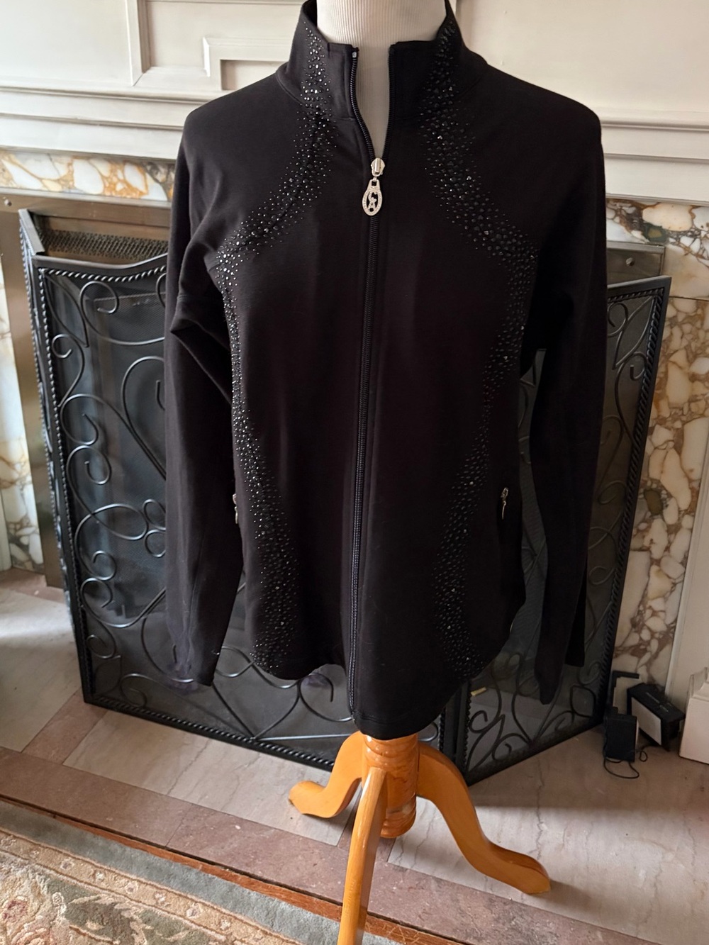 Christine Alexander Black Zip-Up Bomber Jacket with Rhinestone Accents